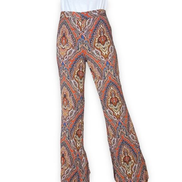 Zara Brown Orange Boho Paisley Print Flare Leg Pants Bloggers Fav Medium - Picture 10 of 11